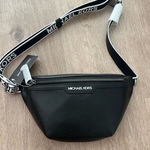 Michael Kors Black Pebbled Leather Logo Belt Bag with Branded Strap
